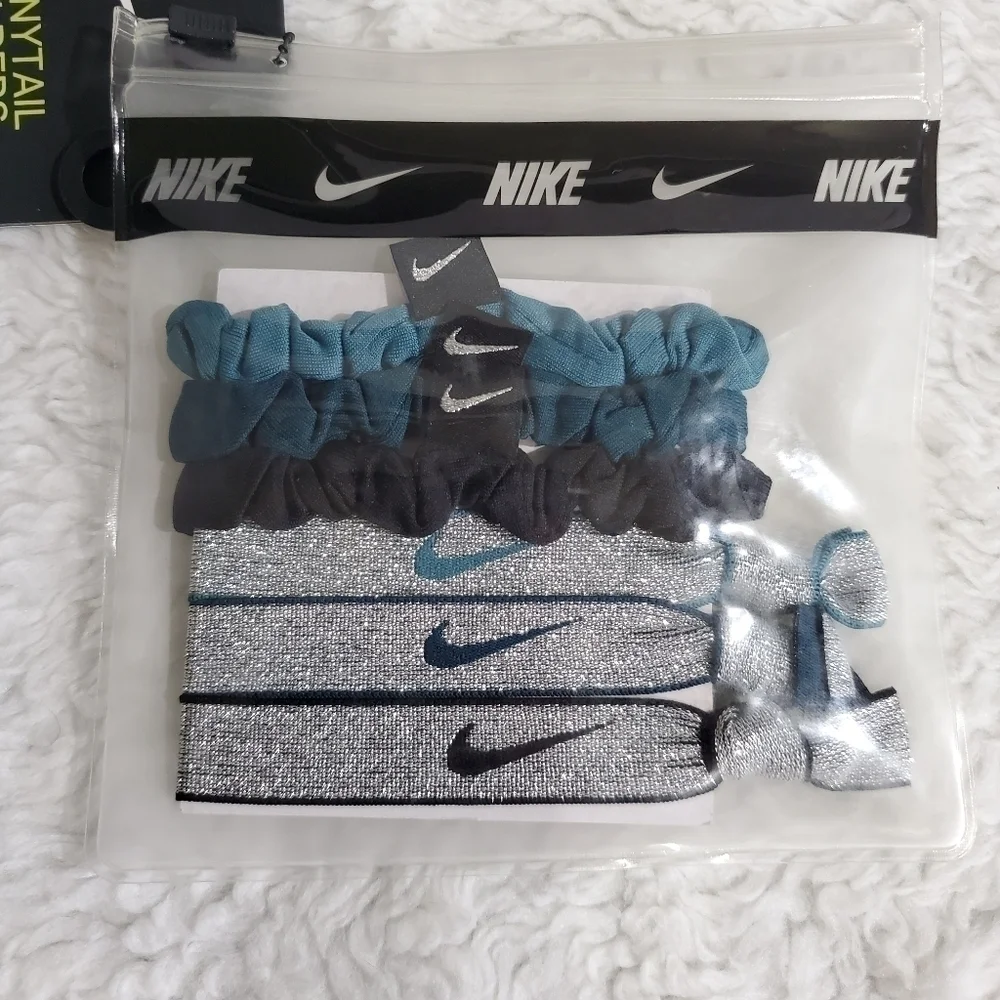 Nike Swoosh Silver Black Teal Tourquise Hair Ties Ponytail Holders 6 Pack NWT